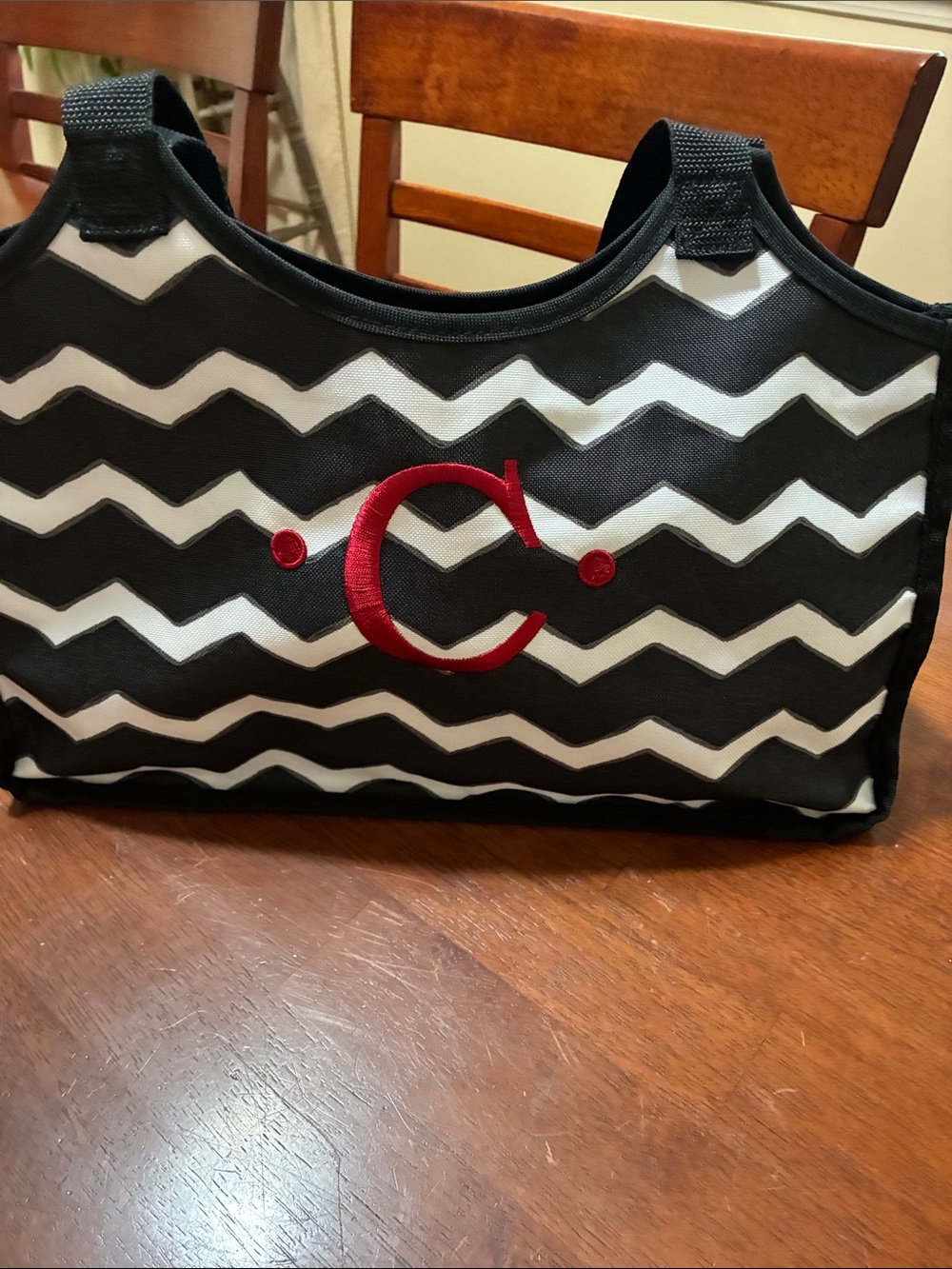 Thirty one Monogram Chevron Tote Bag - Black & White with Red C Accent.